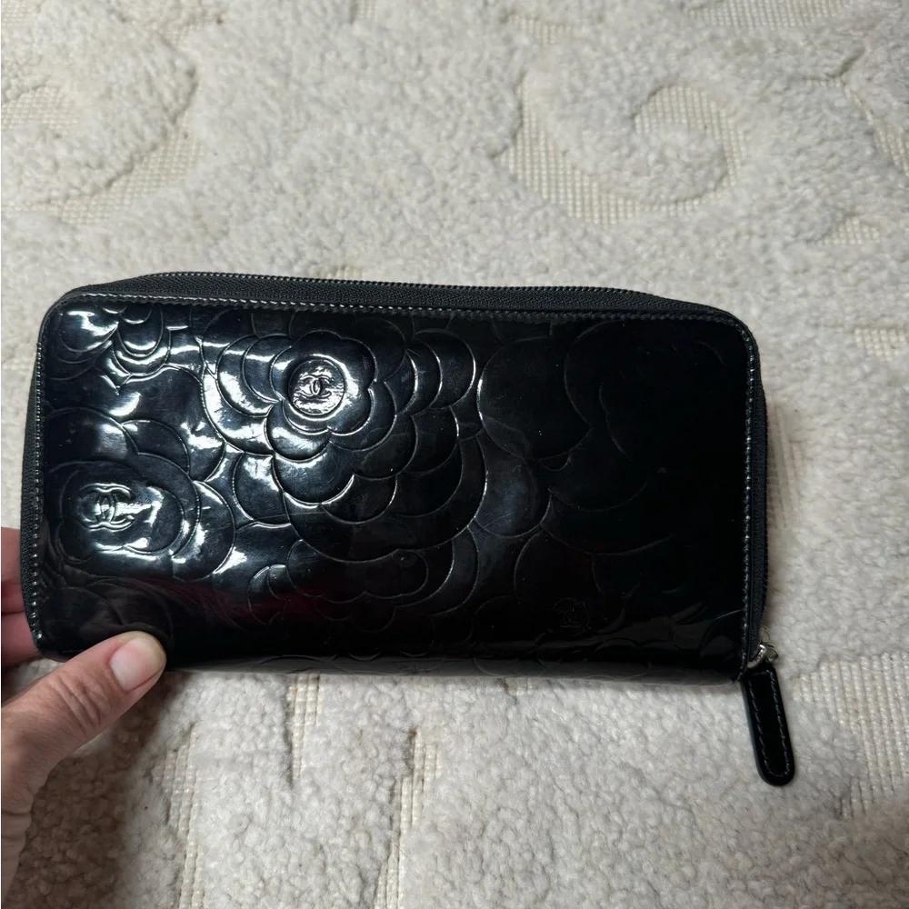 Authentic Chanel Camelia patent leather‎ zip around wallet long